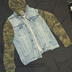 Brooklyn Cloth Blue Denim Jacket Green Camo Hood Sleeves Buttons Pockets Size M