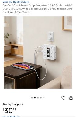 Dpofirs 16 in 1 Power Strip Protector, 12 AC Outlets with 2 USB C, 2 USB A, Wide Spaced Design, 6.6ft Extension Cord for Home Office Travel