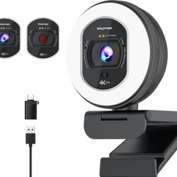 4K Webcam with Ring Light Web Cam 4K Autofocus with TOF Computer Camera 1080P 60FPS Web Camera Built-in Privacy Cover and Microphone Streaming Webcams