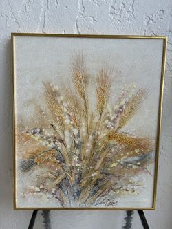 Beautiful Lydia Darvas Hand Painted Textured Wheat Bouquet Painting on Canvas, Gold Frame. Signed