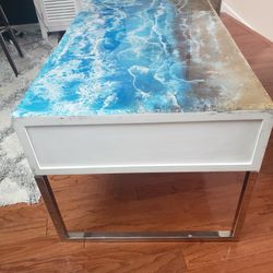 Small Table , Ocean Crash Beach Top Look  .. Top Hand Made With Epoxy Material 42x24 21  