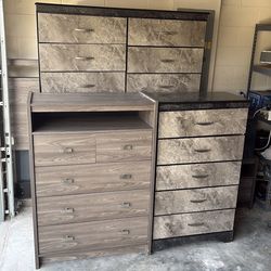 Loveseat, leather couch, two nightstand dresses four dresses headboard