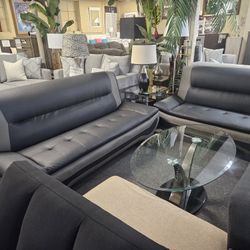 Brand New Black/Gray Faux Leather Modern Sofa + Loveseat 2PCs Set