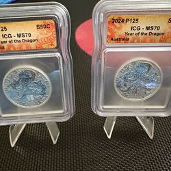 Lot 2 2024 P125 Year of the Dragon ICG S50c  Australian 1/2 oz .9999 Fine Silver
