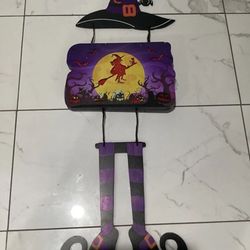 Wooden Halloween Witch Door Hanger Lights up Spooky Decor porch, door, wall