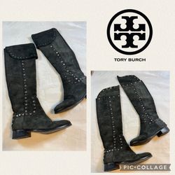 TORY BURCH RHETT STUDDED Suede Over The Knee Riding Boots Gray. Sz 8 EUC! 
