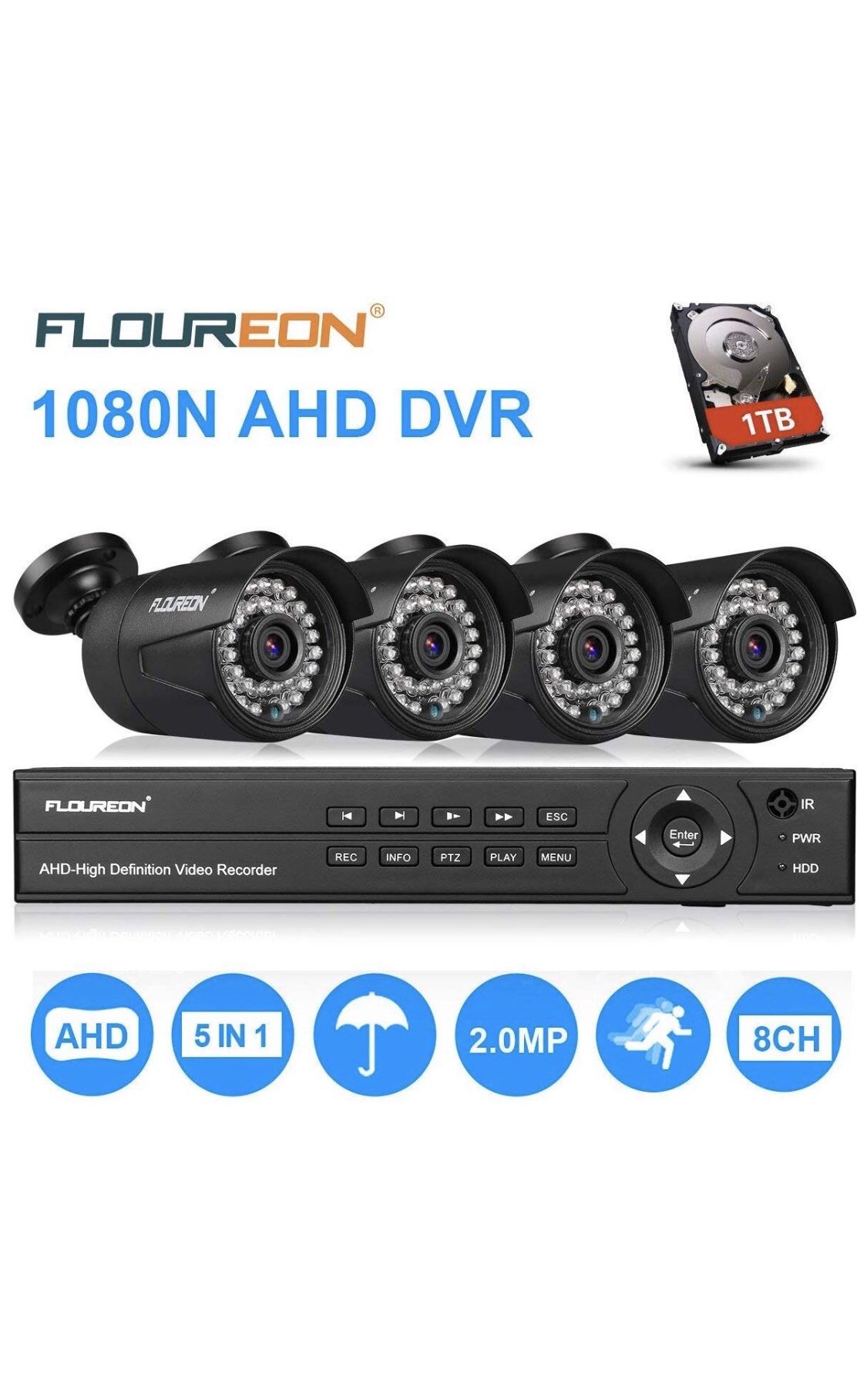 FLOUREON House Security Camera System 1080N DVR + 4 Pack 2.0MP CMOS Lens CCTV Security Camera 3000TVL Night Vision Remote Access Motion Detection