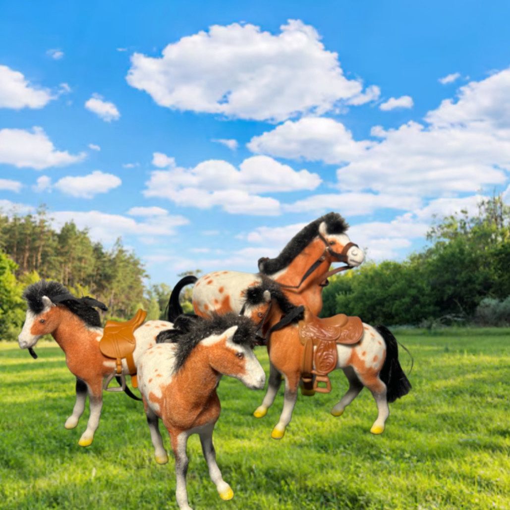 Vintage 1970s 4 Flocked Appaloosa Toy Horses Saddles & Bridles, 7.5” & 5.5”