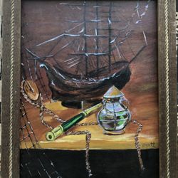 Vintage Original Nautical Ship Signed Painting On Board 12 X 16” Slight Scratch-I Think It’s Oil 