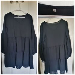 Black Womens Tunic Dress Long Sleeve V Neck Casual Loose Flowy Swing Shift Dress size L