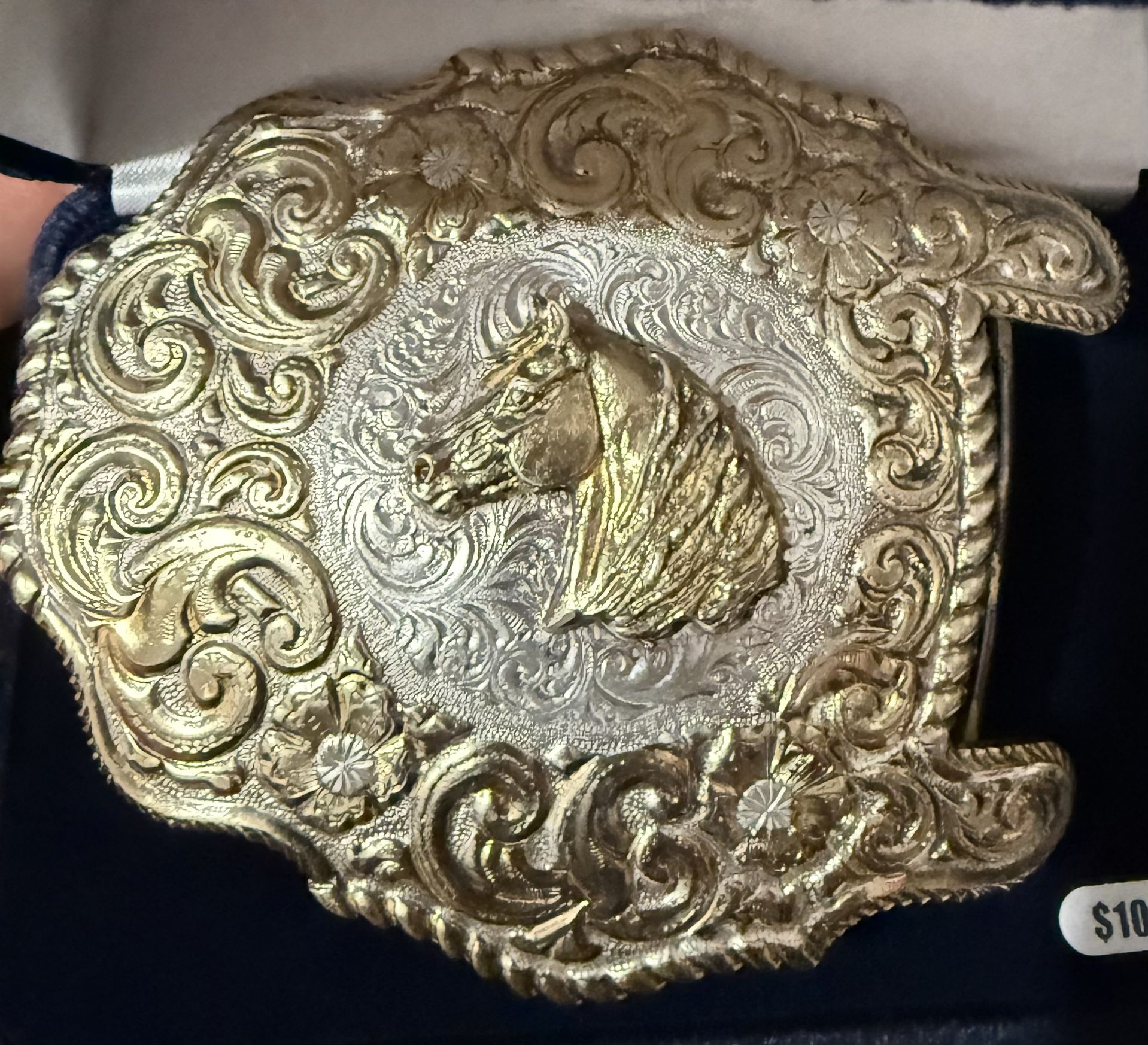 Vintage CRUMRINE Gold on Silver Plated Horse Cowboy Belt Buckle