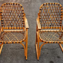 Vintage Rustic Wood & Woven Leather Armchairs (Pair)