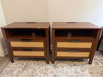 Set of 2 Boho Rattan Nightstands with Charging Station | Walnut | USB & AC Outlets
