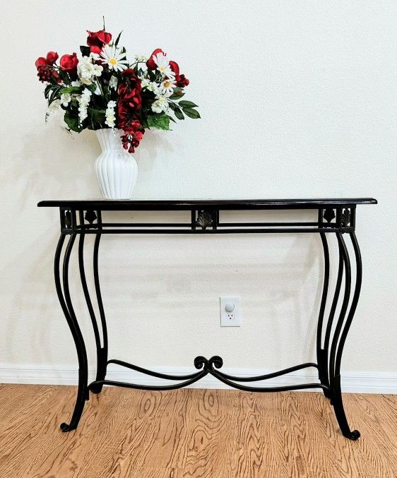 Vintage French Provincial Black Metal Glass Rectangular Ornate Console Entryway Table Entry Way Hallway Sofa Couch