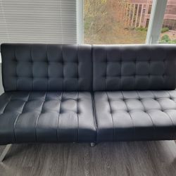 Lounger/Sofa Bed With Chrome Legs, Black Faux Leather