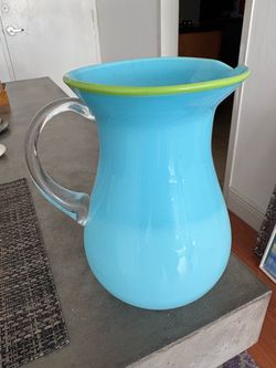 Turquoise Glass Pitcher with Green Rim