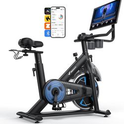 G335-Merach Magnetic Exercise Bike with 21.5” HD Display & Auto Resistance, Low Noise Stationary Bike for Home with Comfortable Seat Cushion, Spinning