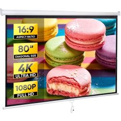 Projector Screen Pull Down 80 Inch 16:9 HD Projection Screen Folding Home Theater Portable Indoor Outdoor Movie Screen