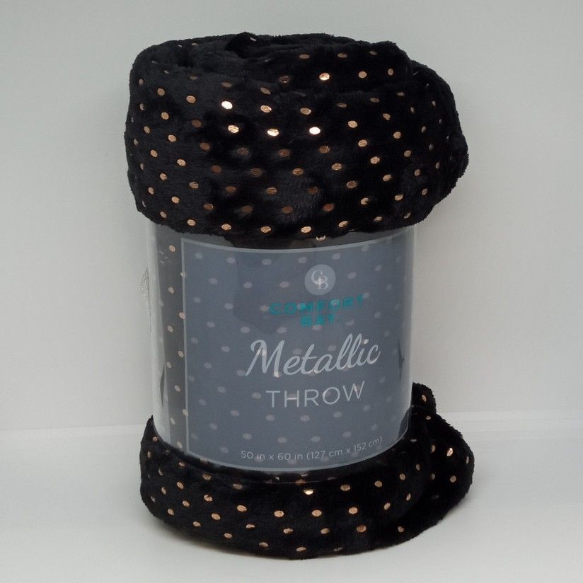 NEW Comfort Bay Soft Fleece BLACK Throw Blanket Metallic COPPER Polka Dots 50" x 60"
