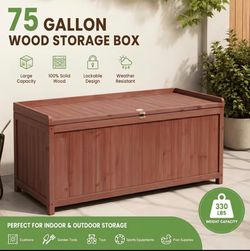 75 Gallon Heavy-Duty Solid Wood Outdoor Storage Box with Hinged Lid & Suitable for Deck Box, Patio Bench, Pool Toys, Cushions, Garden Tools Storage -