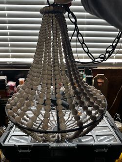 Wood Bead Chandelier with Black Metal Frame