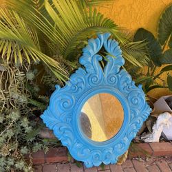 Blue Mirror Large Wood Vintage Antique Bathroom Living Room Fireplace