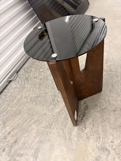 Modern Round Glass Top End Table with Wood Base