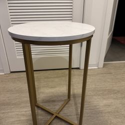 White Side Table w/ gold finishing (24” height, 16” diameter)