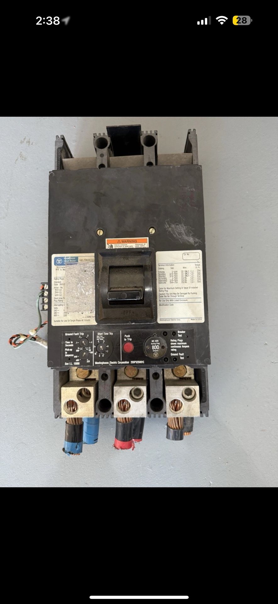 Westinghouse MC3800F 3P 800A 600V Circuit Breaker