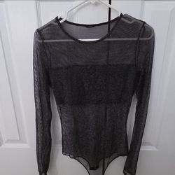 Women’s Black Sheer Stretch Long Sleeve Bodysuit, Size S Regular Solid