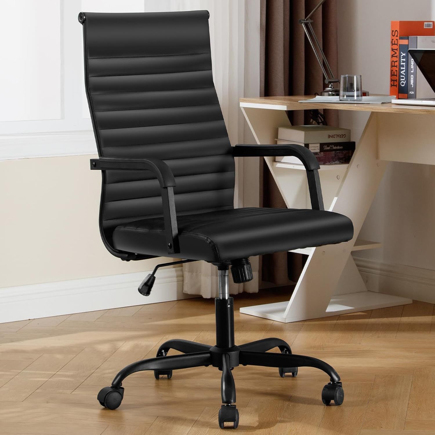 Office Chair, Ergonomic Executive Conference Room Chairs, Ribbed Leather Desk Chair with Lumbar Support, Adjustable Height Mid-Back Swivel Chair with 