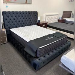 Black velvet platform King bed frme