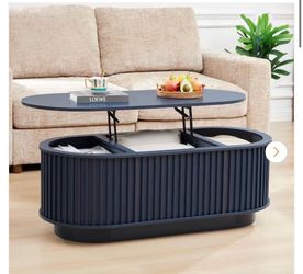 ATHMILE Square Strips Surround 43.3 in. Blue-gray Oval MDF Sofa/ Coffee Table with Adjustable Height