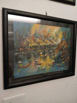 Framed Vintage River canal village scene