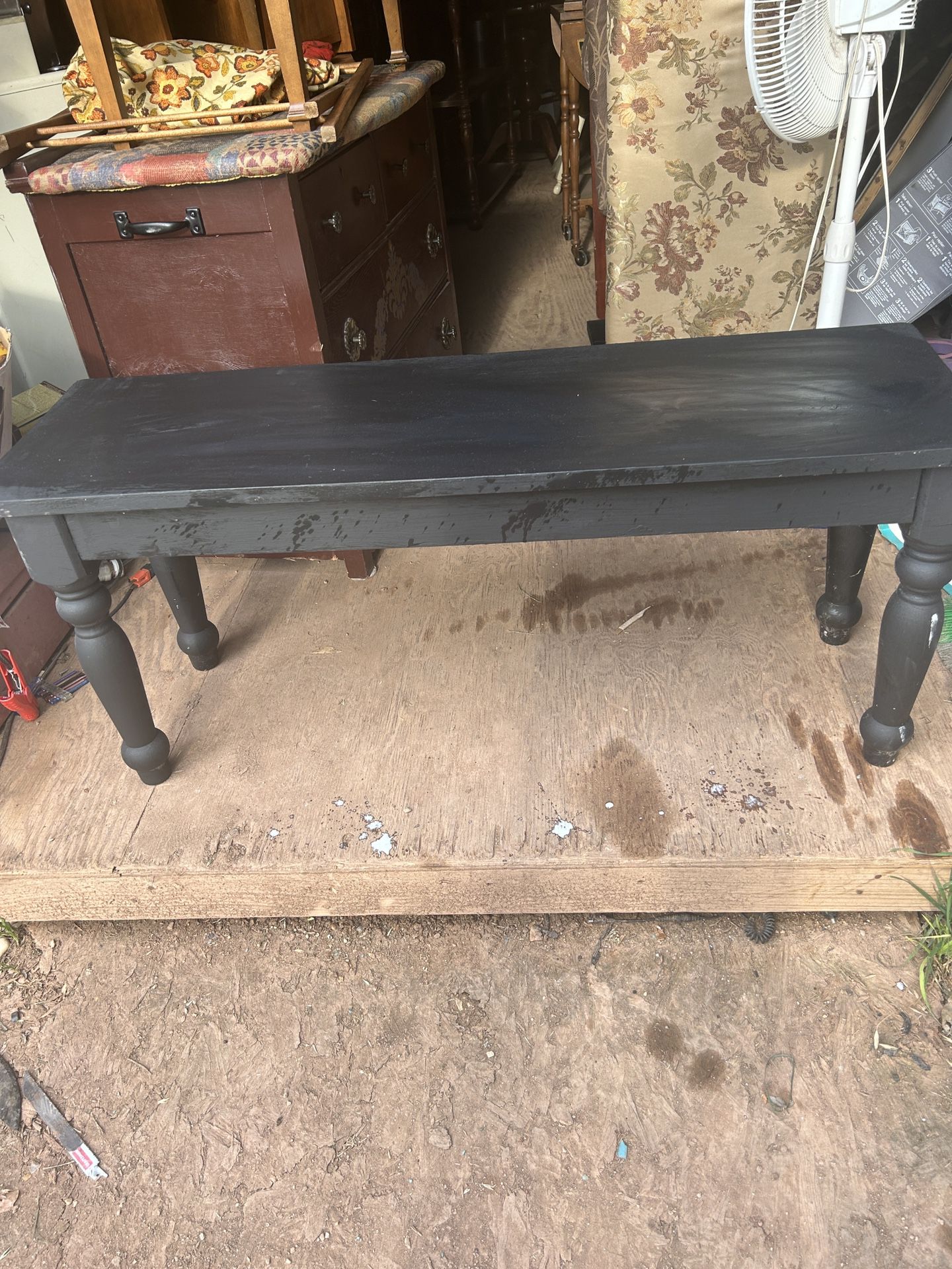 neat wood bench its 19 inches tall 44 inches wide and 14 inches deep