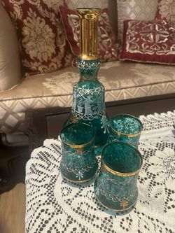 Antique italian salviati style green hand painted glass, 24k gold plated