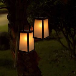 2 Pack Solar Lantern,10 Lumens LED Sun Powered Dancing Flame Waterproof Outdoor Hanging Light,Metal Classic Decorative Lights,Black,Trapezoid （2 pack）