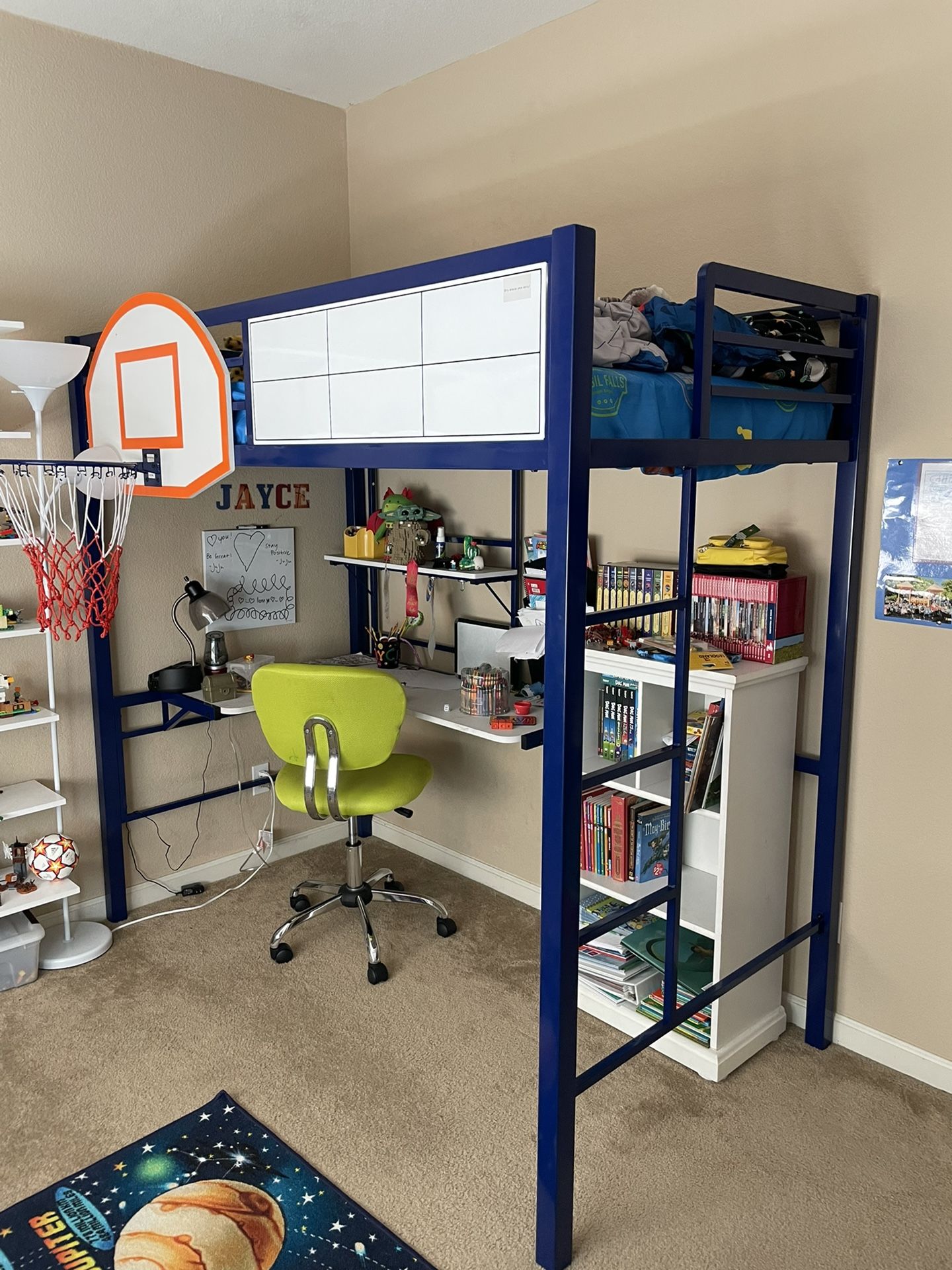Basketball Hoop Twin Loft Bed With Kids Desk on the Bottom Blue Metal Bunk