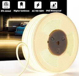 50 ft GZBtech Silicone COB Neon Rope Lights 50FT/15M, 2800K Super Bright Warm White Waterproof Neon Strip Light, AC 110-120V Flexible Soft Cuttable Ta