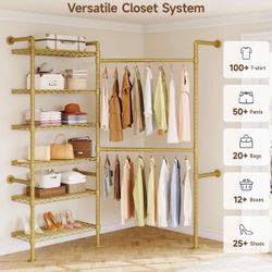 L2 Wall Mounted Closet System, Industrial Pipe Clothing Rack Clothes Racks with 2 Telescopic Rod & 6 Shelves, Heavy Duty Closet Organizers System in W