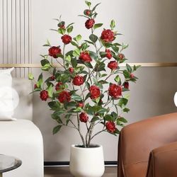 47 inch Artificial Camellia Tree with White Flower Pot - Red Rose Tree,4 Ft Faux Plants Indoor wich Blooming,Artificial Plants for Indoor & Outdoor