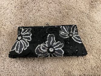 Black Sequin Evening Clutch & Matching Zip Pouch Set - Silver Floral