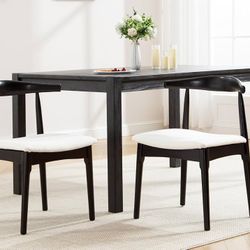 Mid Century Modern Dining Chairs Set of 2, Linen Beige Upholstered Dining Room Chairs Farmhouse Black Wood Dining Chairs with Open Back, Armless Accen