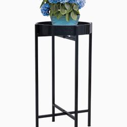 Foldable Plant Accent Table Stand, Round Side End Table with Wooden Tray Top for Small Spaces Kitchen Living Room Bedroom, Black