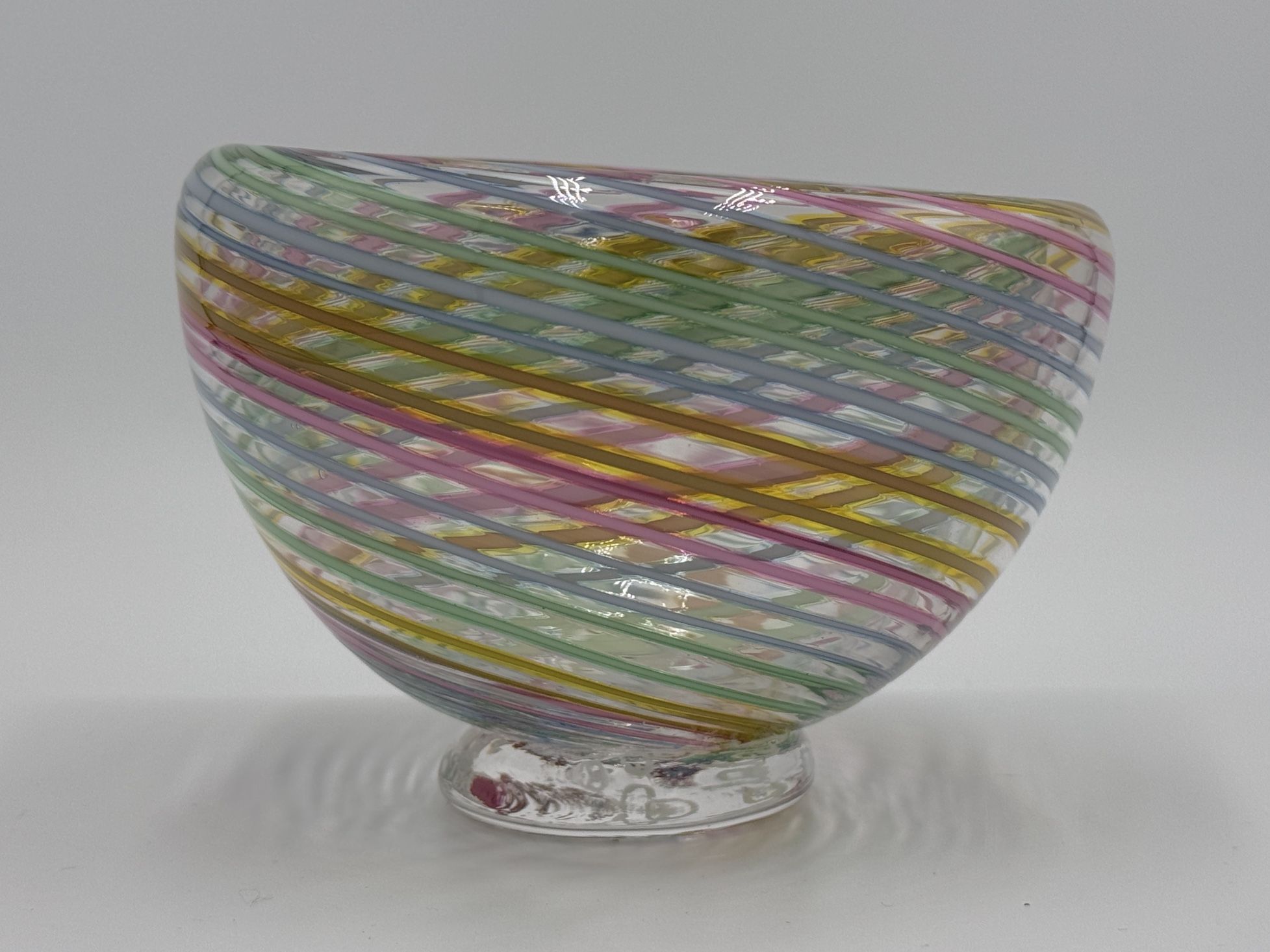 Hand Blown Glass Swirl Pastel Rainbow Footed Bowl Artist Signed 2008