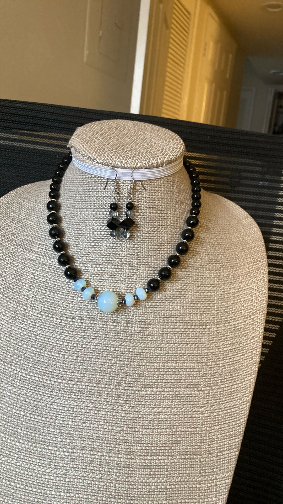 Black Agate , Moonstone & Crystals Necklace With Matching Earrings.