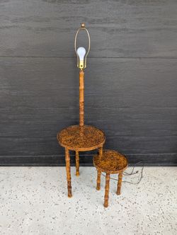 Vintage Mid Century MCM Bamboo Side Table With Built In Lamp