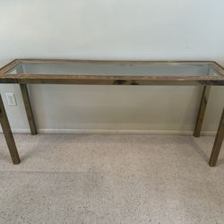 Vintage Mid Century Modern MCM Parsons Pearson Metal Brass BurlWood Glass Sofa Console Hall Entry Table