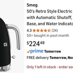SMEG 50's Retro Style Electric Water Kettle with Automatic Shutoff, Removable Base, and Water Indicator, KLF03BLUS, Black