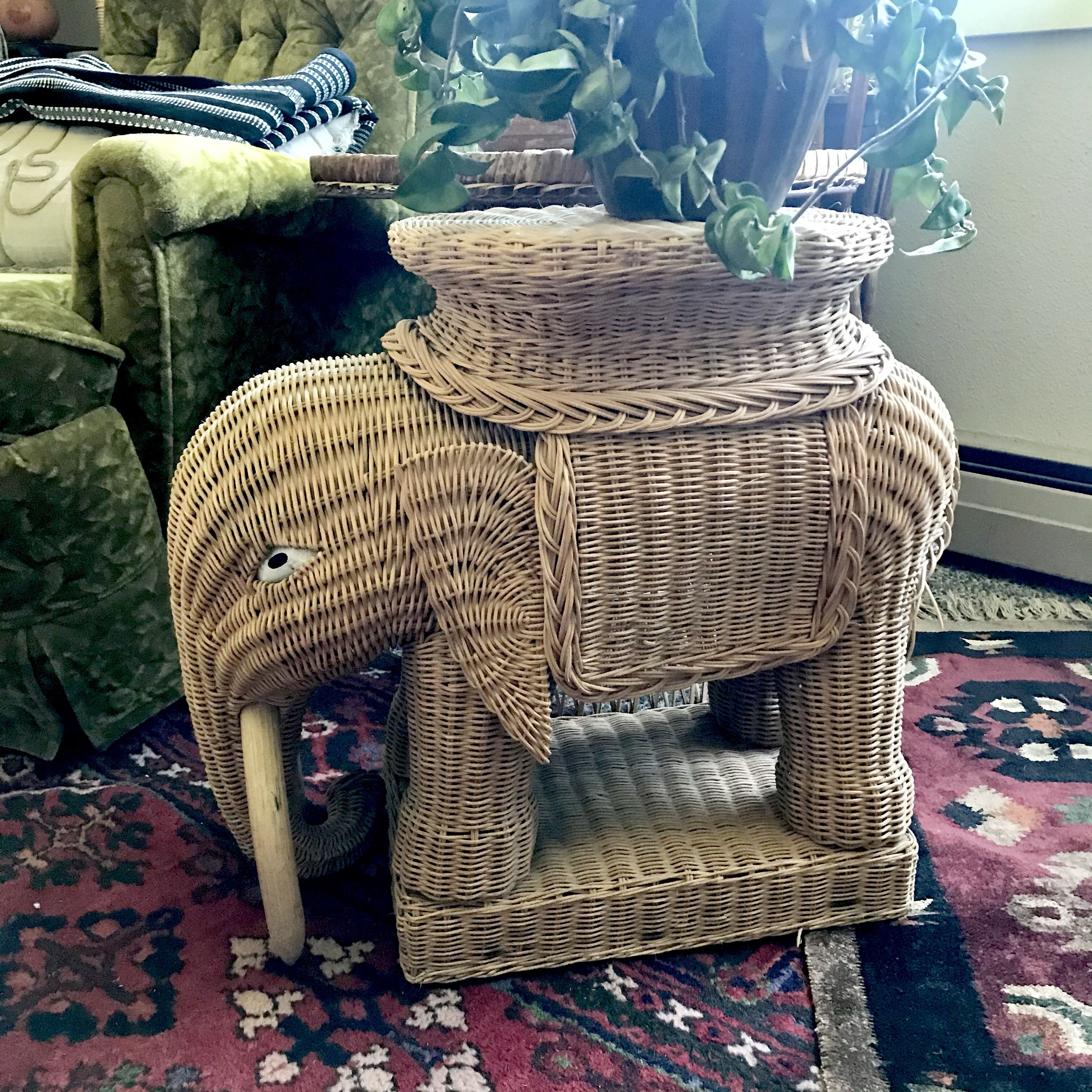 Vintage Wicker Elephant Side Table Plant Stand